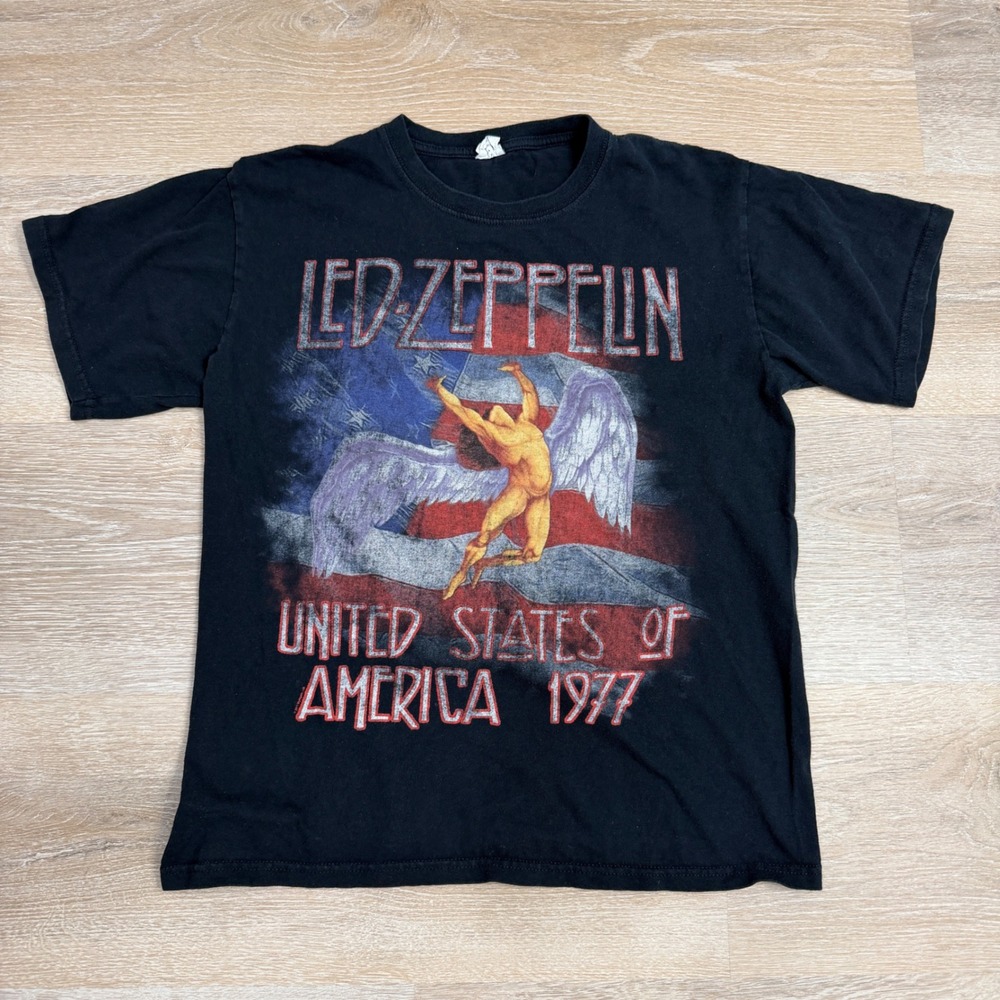 Led Zeppelin 1977 US Tour Graphic T-Shirt Black Anvil Size M Swan Song Icarus